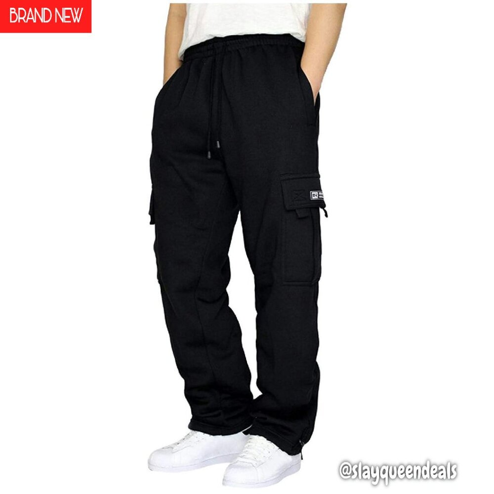 Men's Cargo Sweatpants Fleece Joggers Loose Fit Open Bottom Athletic Pants
